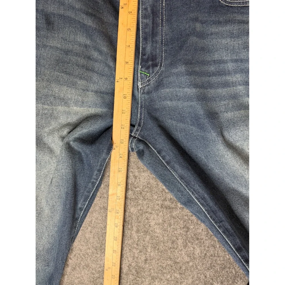 True Religion Ricky Relaxed Straight Jeans Mens 42 Blue Denim Neon Green Stitch